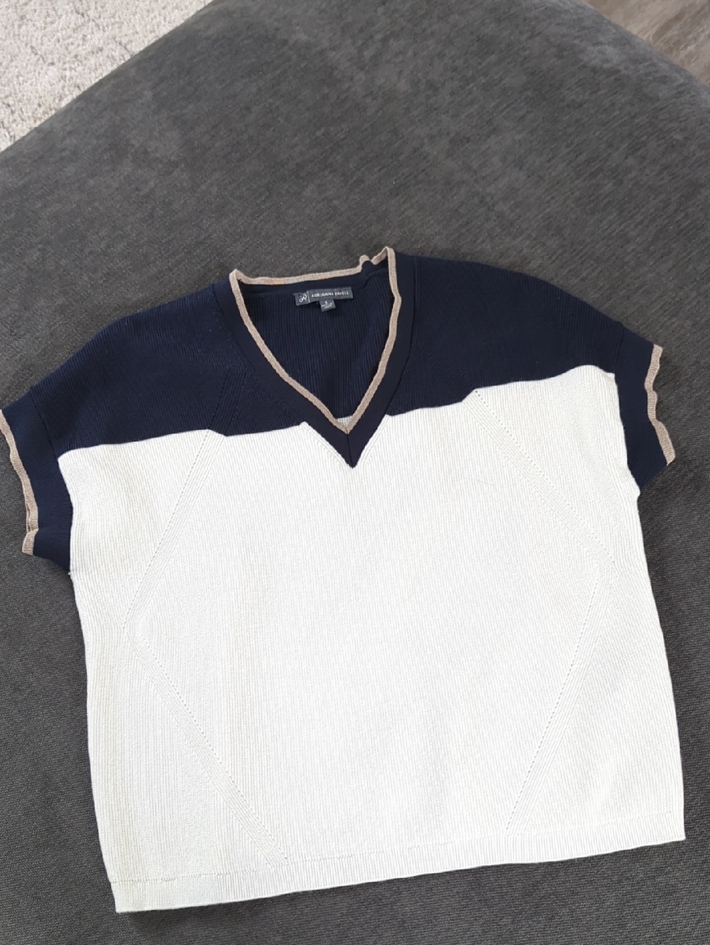Woman's V-Neck Short Sleeve Knit Sweater - Navy & White